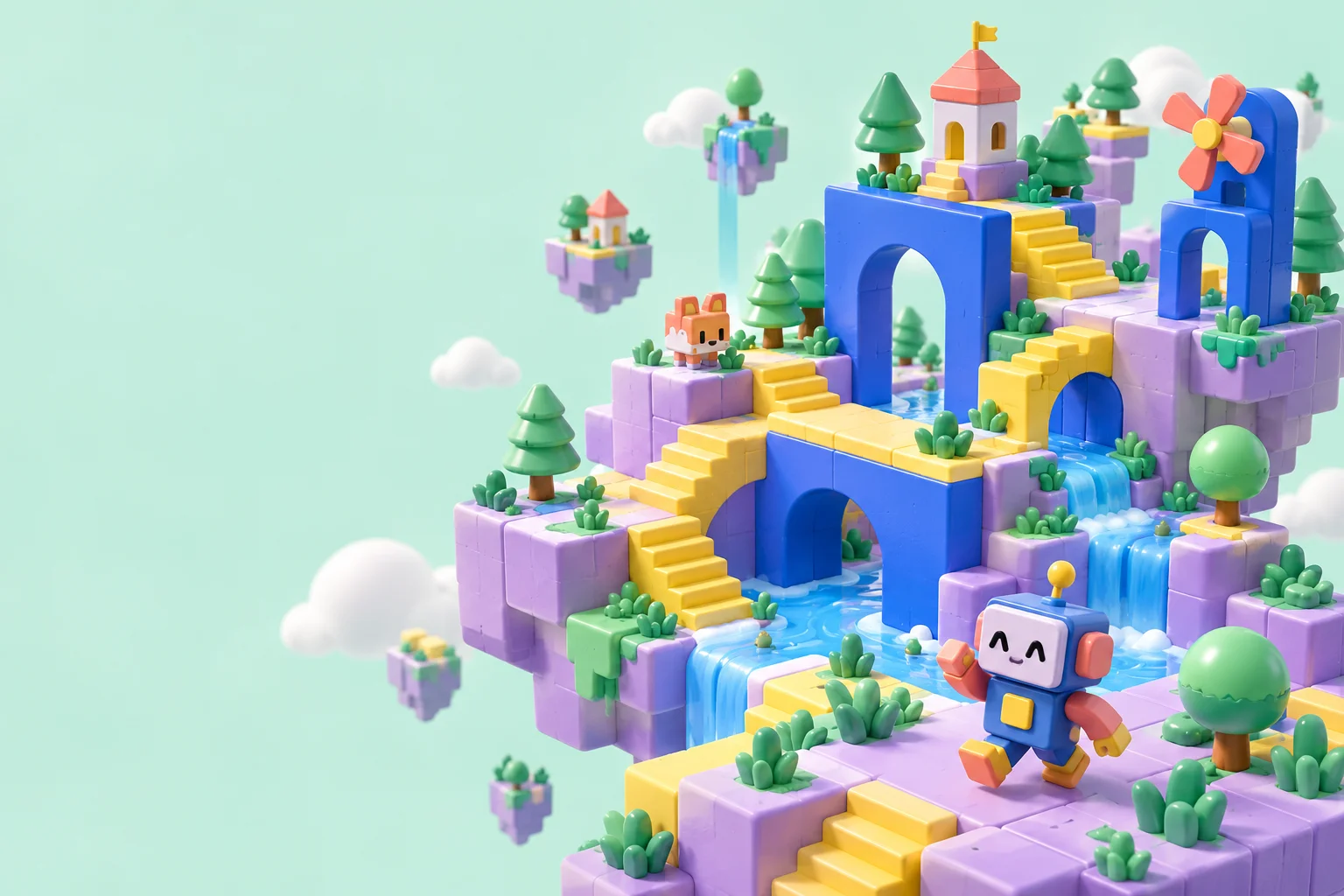 A miniature block playground with blue arches, yellow stairs, and a little robot